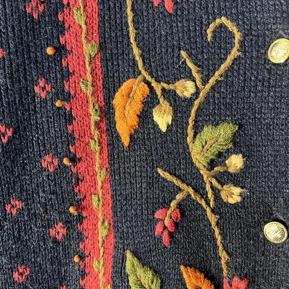 Vintage fall autumn leaf cardigan sweater Crystal Kobe medium black - Picture 5 of 8